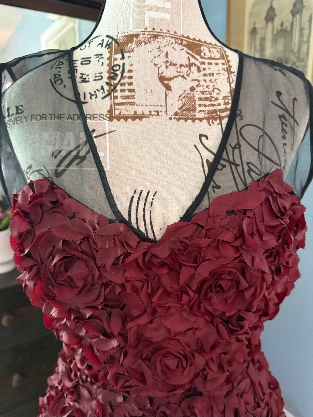 NWT Tracy Reese Burgundy Silk Rosette Floral Cocktail Dress Illusion Mesh Size 8 - Picture 5 of 16